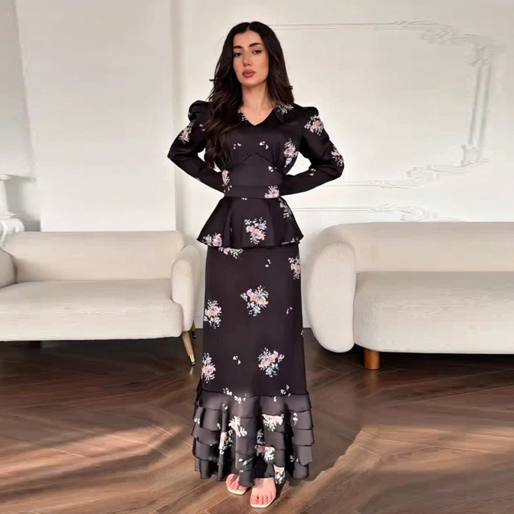 Forever 21 Black Printed Dress with Ruffle Collar and Waist Belt
